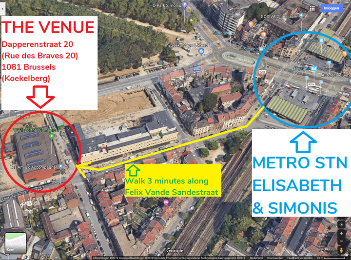 Walking route (3 minutes) from Metro Station Elisabeth or Simonis to the Venue at Comenius Building, Dapperenstraat 20, Koekelberg Brussels